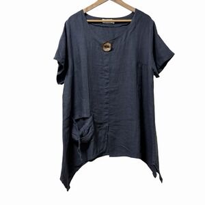 Harris Cotton Womens Linen Tunic Top Size XL Blue Asymmetrical Hem Lagenlook